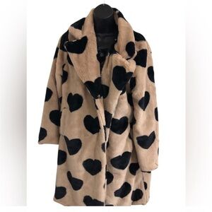 Stoosh tan black hearts print faux fur luxe glamourous coat size large brand new